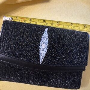 Black Stingray Shagreen Leather Trifold Wallet Genuine Exotic Leather Mens Women